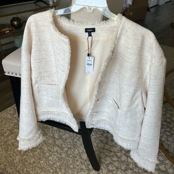 NWT Express Fringe Tweed Novelty Button Cropped Jacket Blazer, Beige / Pink, XL - Picture 2 of 9